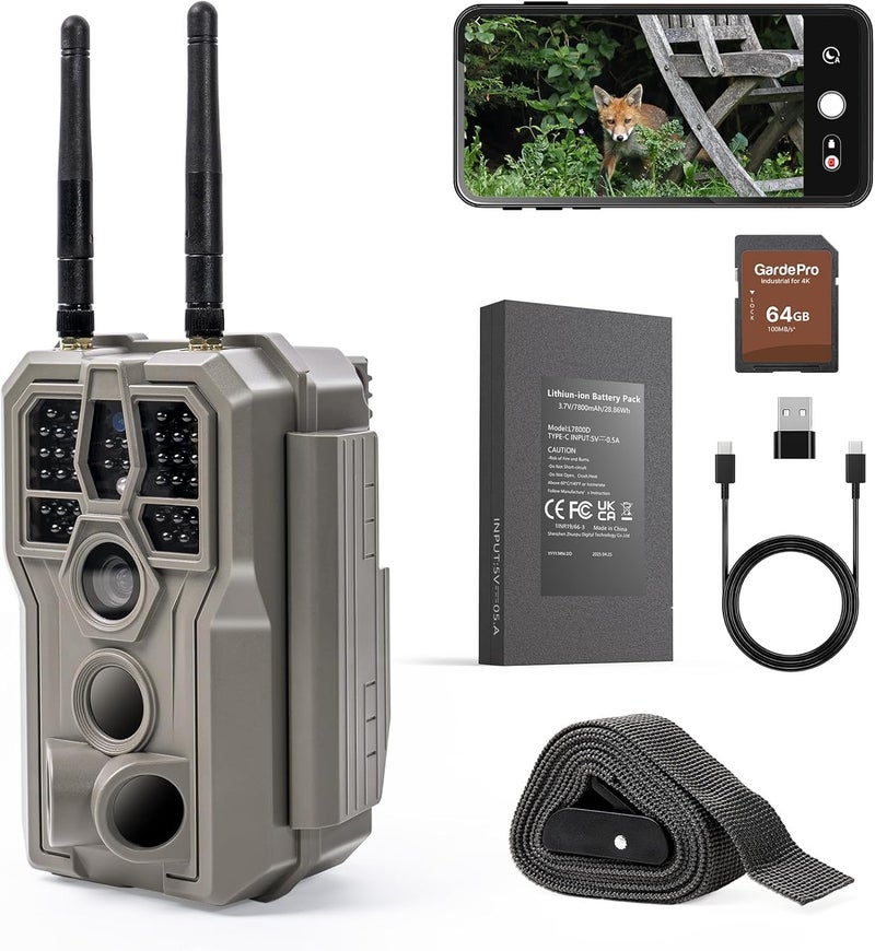 GardePro E8 2.0 Pro WiFi Trail Camera (Non-Cellular), 4K Video & 64MP Photo, 7800mAh Battery, 64GB SD Card Included, Dual Antennas, 165ft Long-Range, Live View, No-Glow, Motion Detection - Image 1